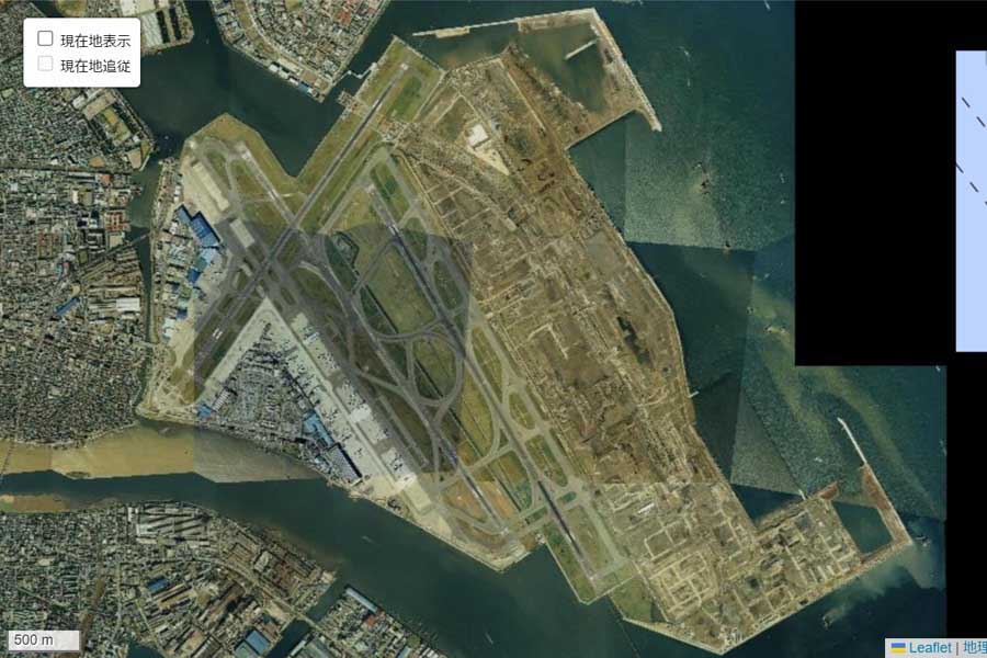 1990年頃の「羽田空港」周辺の航空写真（画像：国土地理院）