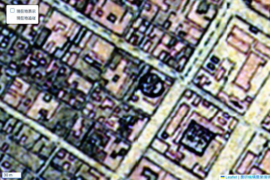 明治初期の「岡倉天心の生誕之地」周辺の地図。〇のついた部分（画像：国土地理院）