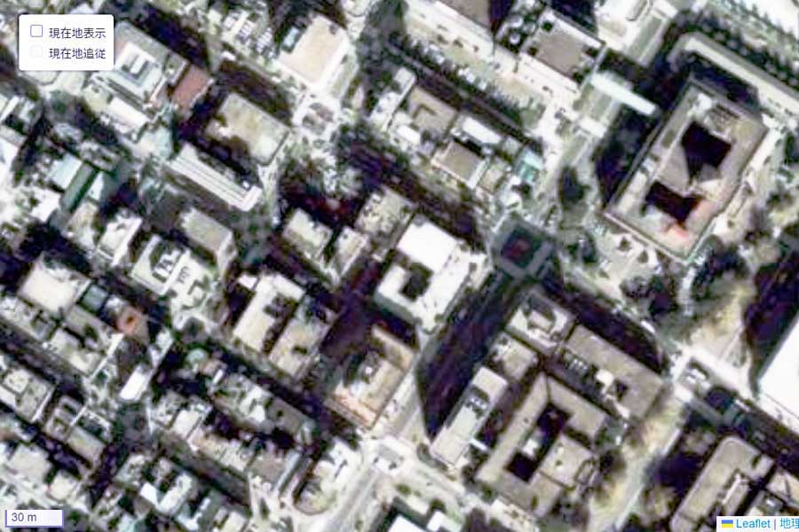 1975年頃に撮影された「岡倉天心の生誕之地」周辺の航空写真（画像：国土地理院）