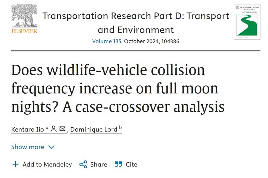 論文「Does wildlife-vehicle collision frequency increase on full moon nights? A case-crossover analysis（野生動物と車の衝突頻度は満月の夜に増加するのか？ ケース・クロスオーバー分析）」（画像：Transportation Research Part D: Transport and Environment）