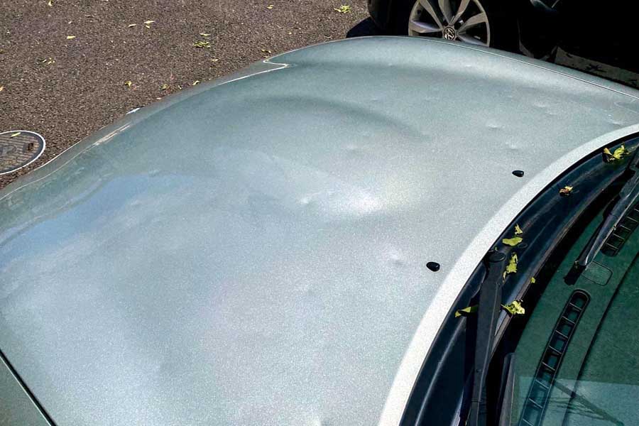 被害額が350万円オーバー！ 雹（ひょう）による被害を受けた車両の様子（画像：Merkmal編集部）