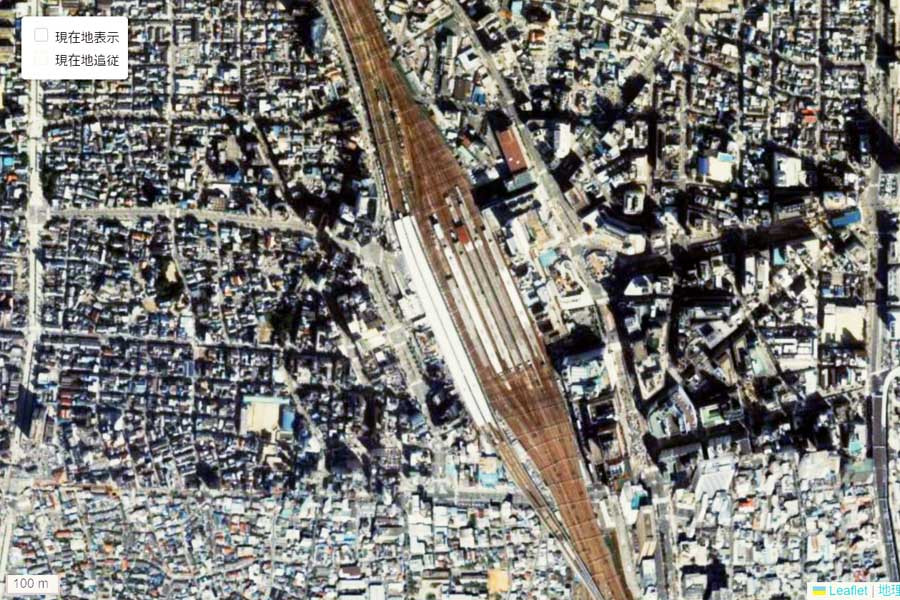 1990年頃に撮影された「名古屋駅」周辺の航空写真（画像：国土地理院）