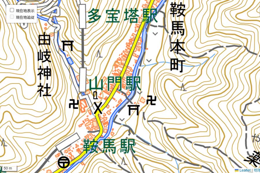 現在の「鞍馬駅」周辺の地図（画像：国土地理院）