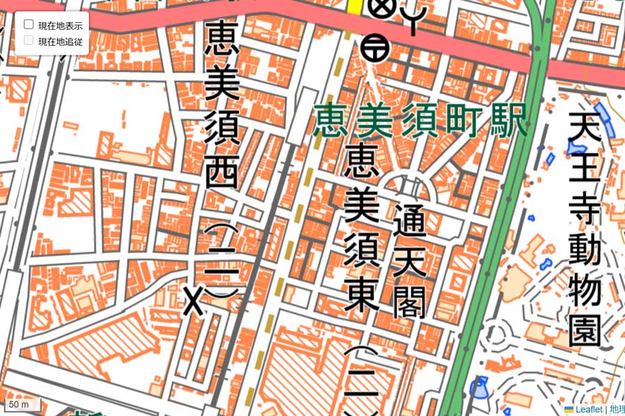 現在の「通天閣」周辺の地図（画像：国土地理院）