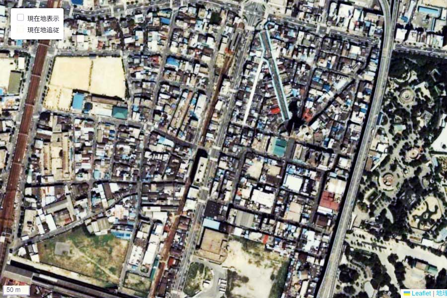 1980年頃に撮影された「通天閣」周辺の航空写真（画像：国土地理院）