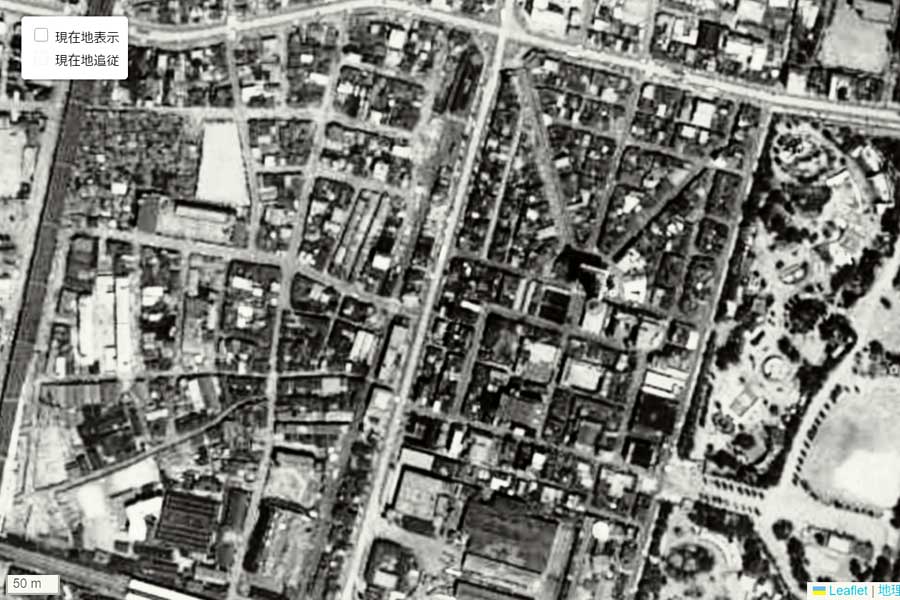 1963年頃に撮影された「通天閣」周辺の航空写真（画像：国土地理院）