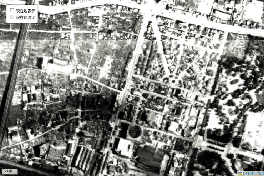 1947年頃に撮影された「通天閣」周辺の航空写真（画像：国土地理院）