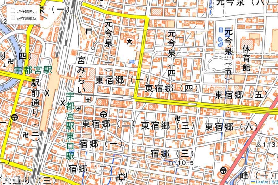 現在の「宇都宮駅東口」周辺の地図（画像：国土地理院）