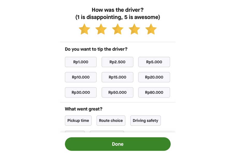 Gojekでは1000ルピア(約10円)からのチップを送ることができる(画像:Gojek)