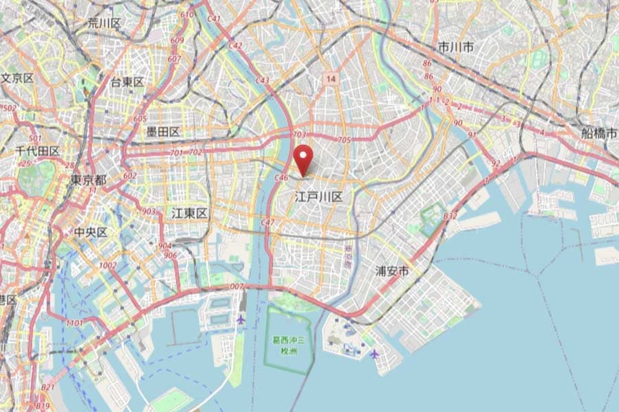 「船堀そば 文殊」のある場所（画像：OpenStreetMap）