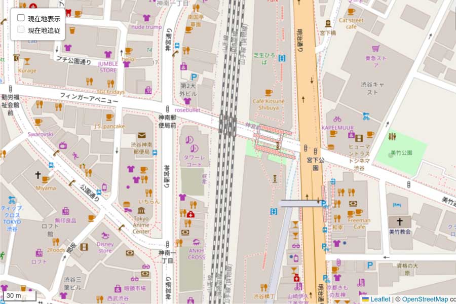 現在の「宮下公園」周辺の地図（画像：国土地理院）