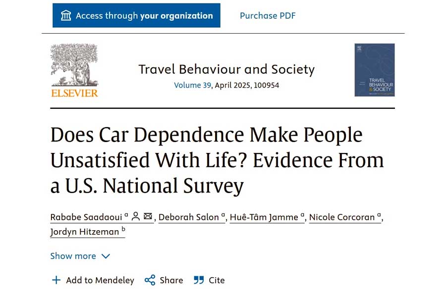 アリゾナ州立大学の研究チームによる論文『Does Car Dependence Make People Unsatisfied With Life? Evidence From a U.S. National Survey（自動車依存は人生に不満を抱かせるか？ 米国全国調査からの証拠）』（画像：Travel Behaviour and Society）