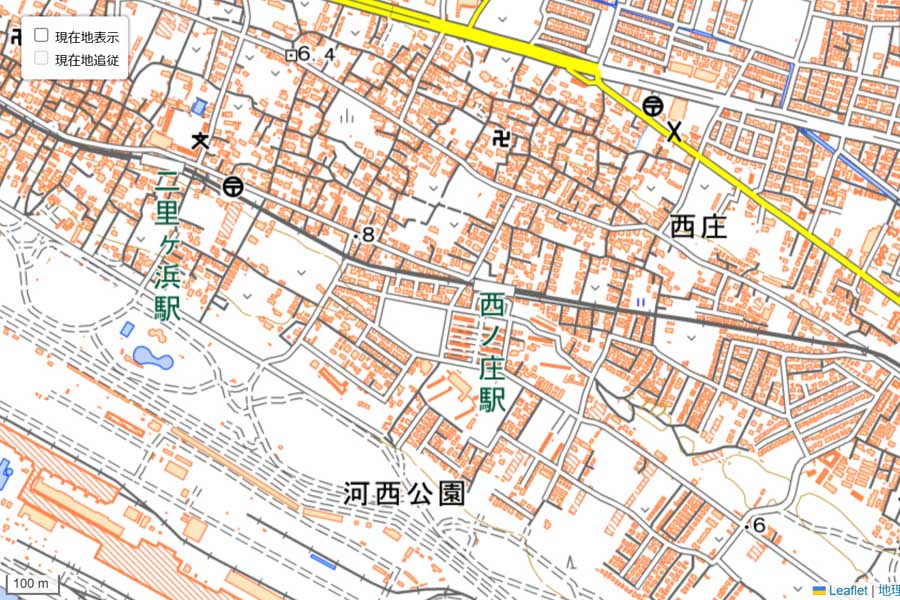 現在の「西ノ庄駅」周辺の地図（画像：国土地理院）