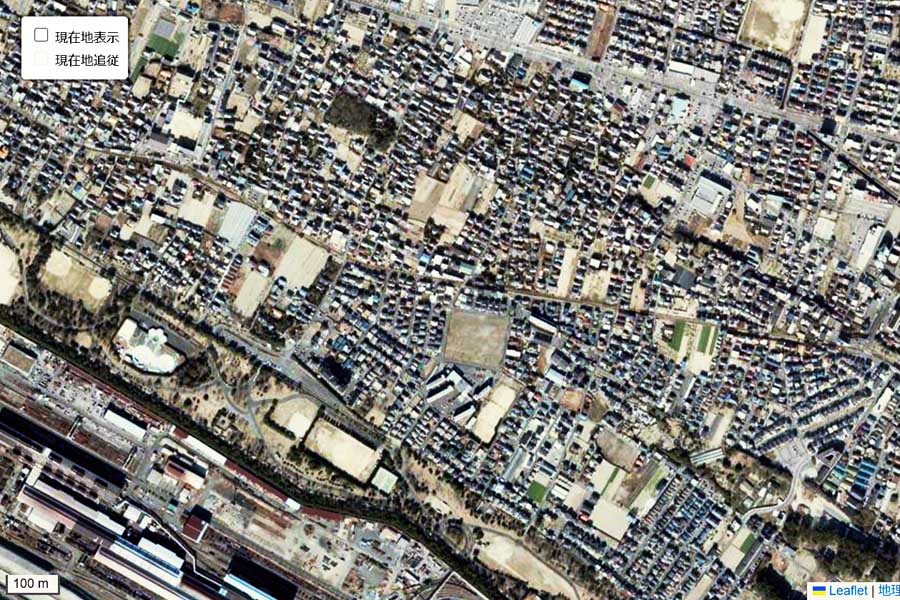 現在の西ノ庄駅周辺の航空写真（画像：国土地理院）