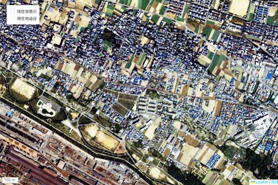 1985年頃の西ノ庄駅周辺の航空写真（画像：国土地理院）