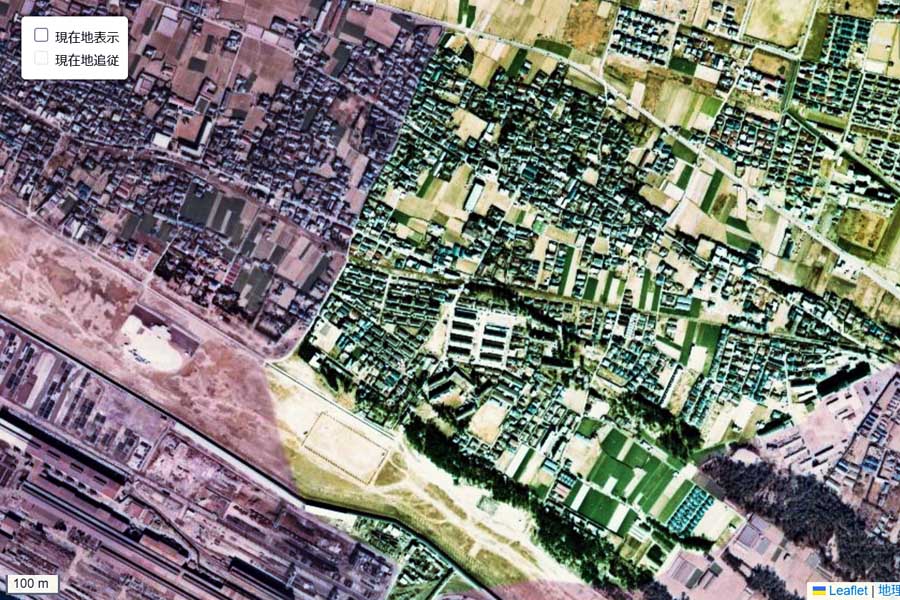 1975年頃の西ノ庄駅周辺の航空写真（画像：国土地理院）