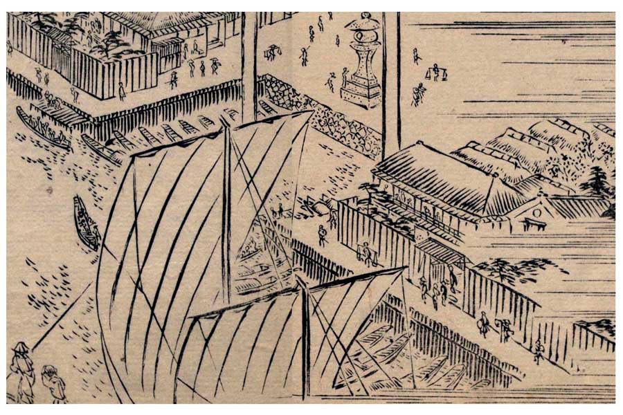 思川筋ではないが、大型船が停泊する江戸時代の河岸の様子が描かれている（画像：『利根川図志』国立公文書館）