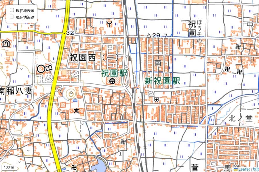 現在の新祝園駅周辺の地図（画像：国土地理院）