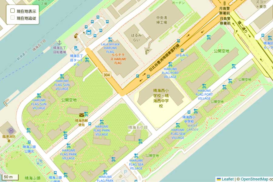 現在の「晴海フラッグ」周辺の地図（画像：OpenStreetMap）