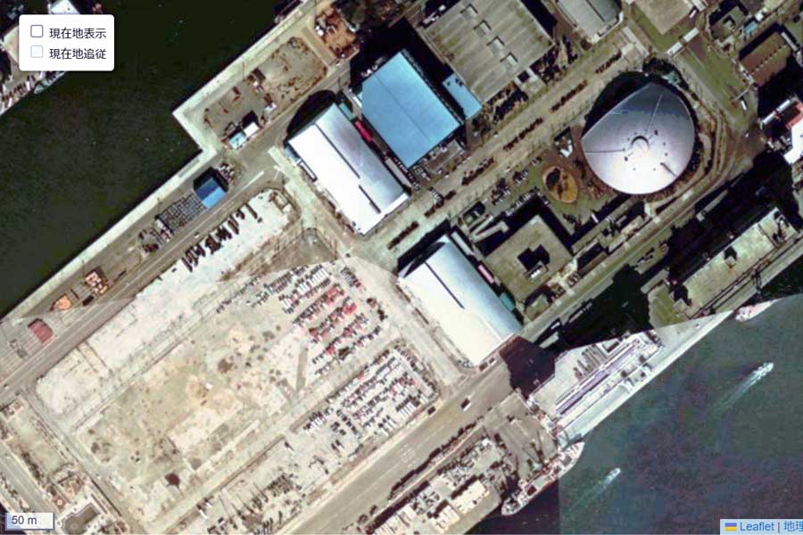 1975年頃の「晴海フラッグ」の航空写真（画像：国土地理院）