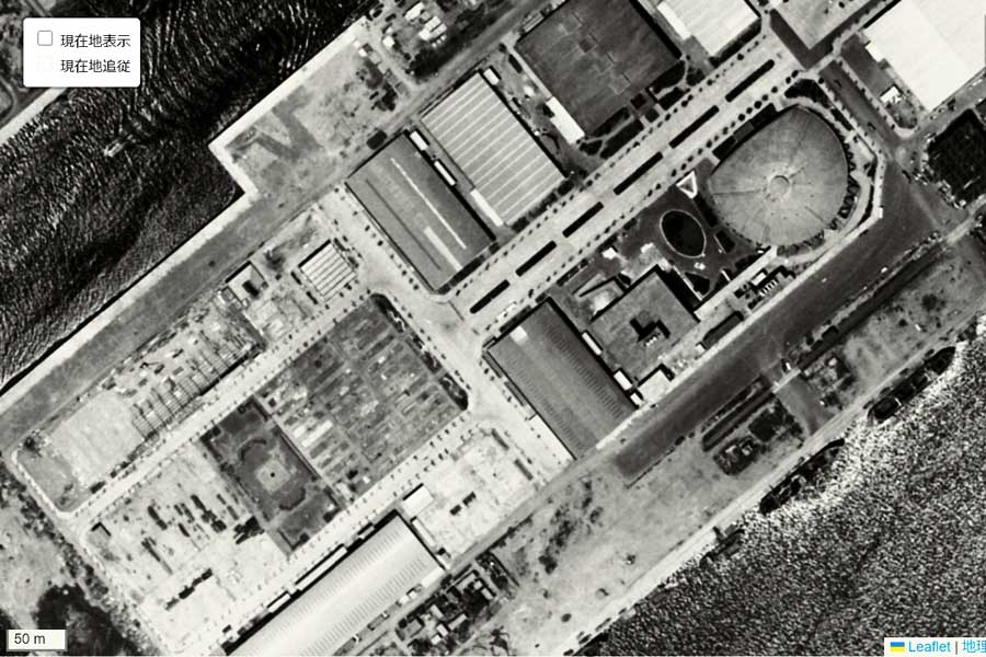 1963年頃の「晴海フラッグ」の航空写真（画像：国土地理院）