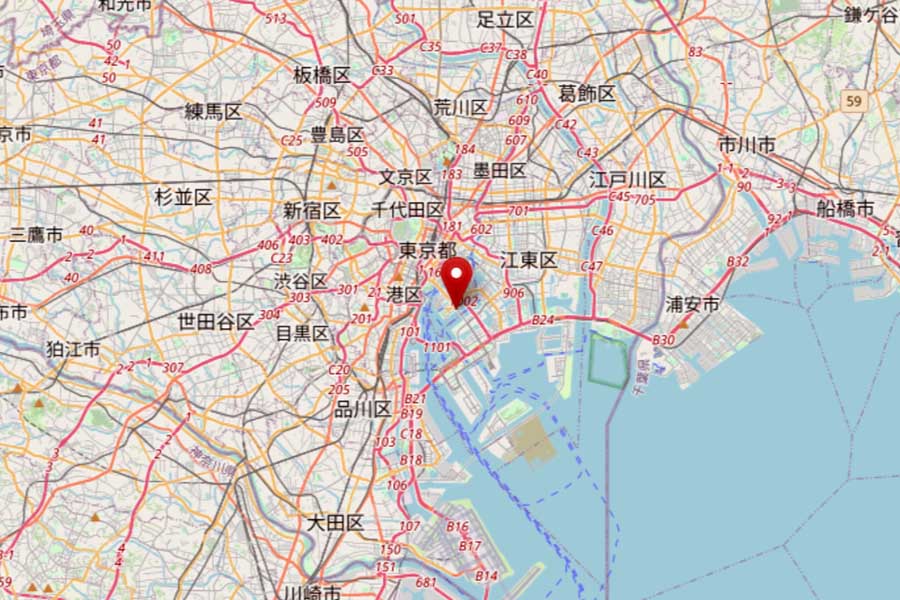 「晴海フラッグ」の位置（画像：OpenStreetMap）