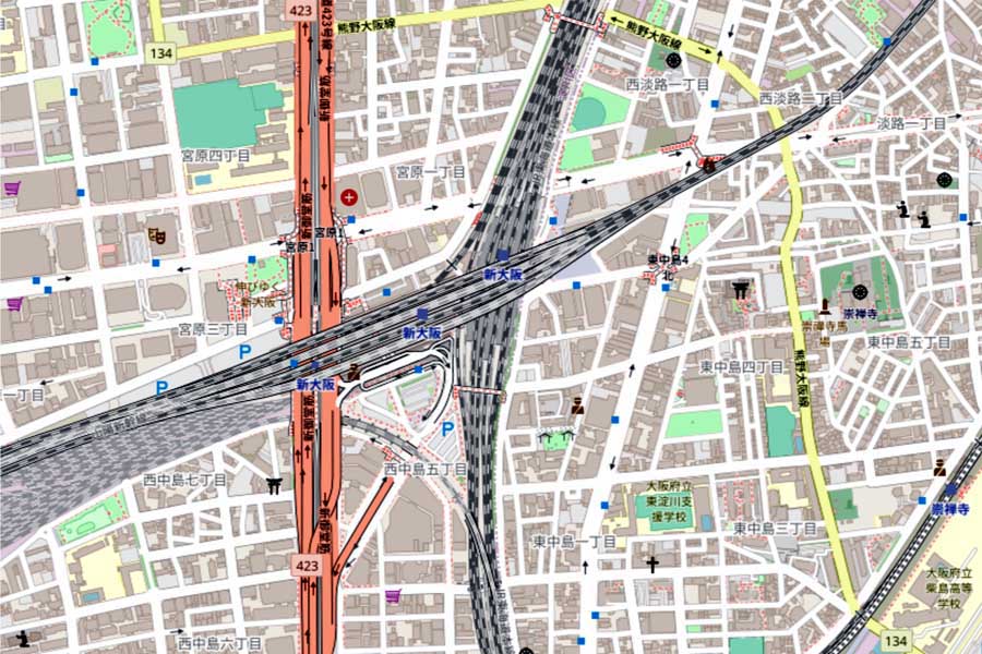 現在の「新大阪駅」周辺の地図（画像：OpenStreetMap）
