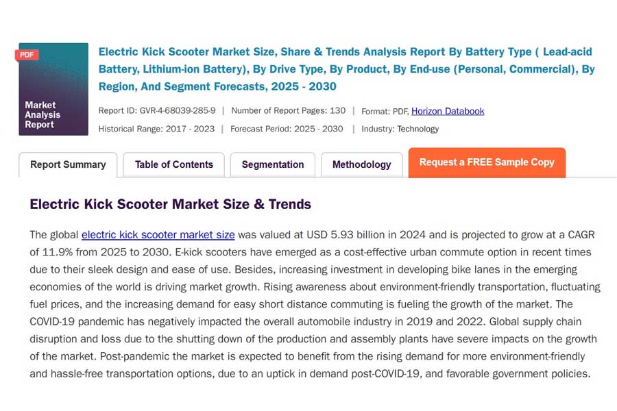 リポート『Electric Kick Scooter Market Size, Share ＆ Trends Analysis Report By Battery Type ( Lead-acid Battery, Lithium-ion Battery)』（画像：Grand View Research）