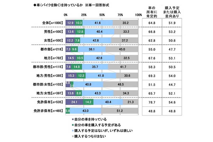 「20歳のカーライフ意識調査」の結果。1000人から有効な回答を得た（画像：ソニー損害保険）