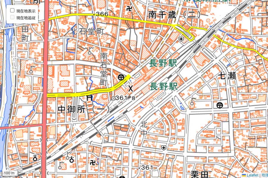現在の「長野駅」周辺の地図（画像：国土地理院）
