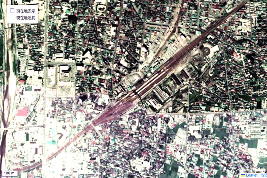 1975年頃に撮影された「長野駅」周辺の航空写真（画像：国土地理院）