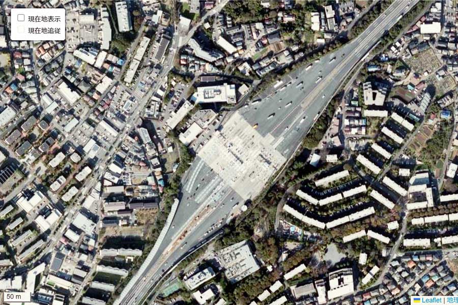 現在の「東京料金所」周辺の航空写真（画像：国土地理院）