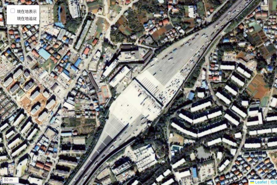 1990年頃の「東京料金所」周辺の航空写真（画像：国土地理院）