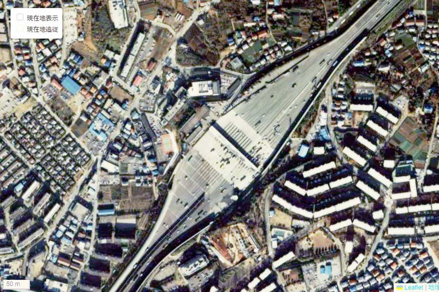 1985年頃の「東京料金所」周辺の航空写真（画像：国土地理院）