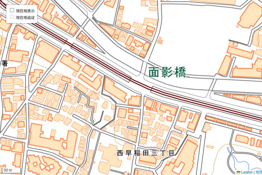 現在の「面影橋」周辺の地図（画像：国土地理院）