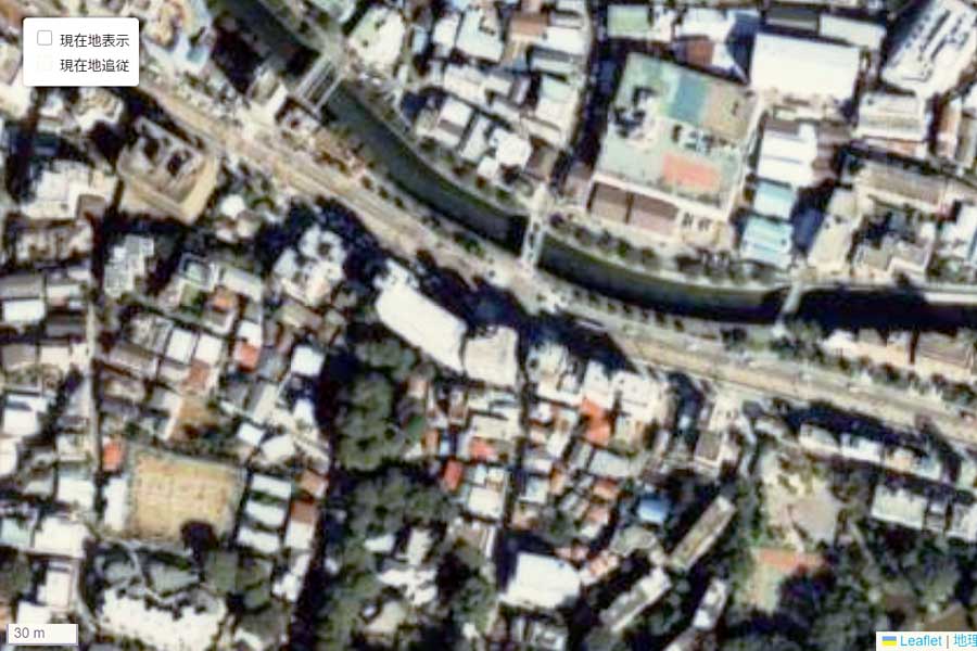 1990年頃の「面影橋」周辺の航空写真（画像：国土地理院）