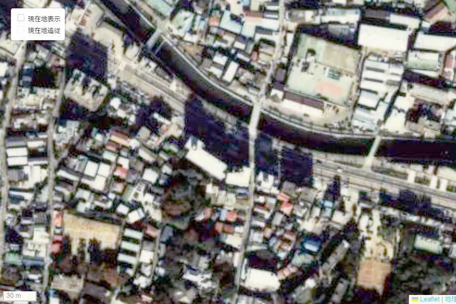 1985年頃の「面影橋」周辺の航空写真（画像：国土地理院）