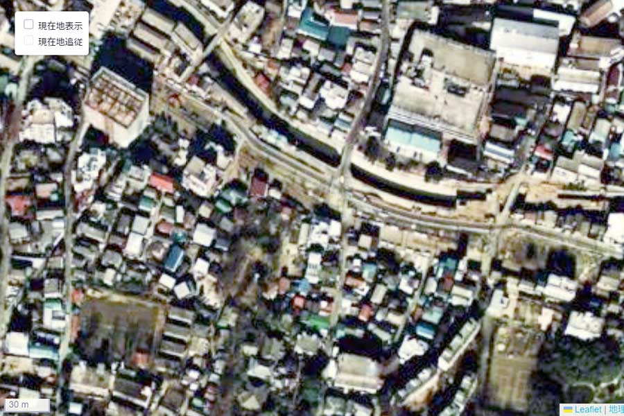1975年頃の「面影橋」周辺の航空写真（画像：国土地理院）