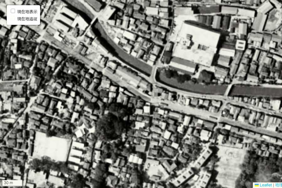 1963年頃の「面影橋」周辺の航空写真（画像：国土地理院）