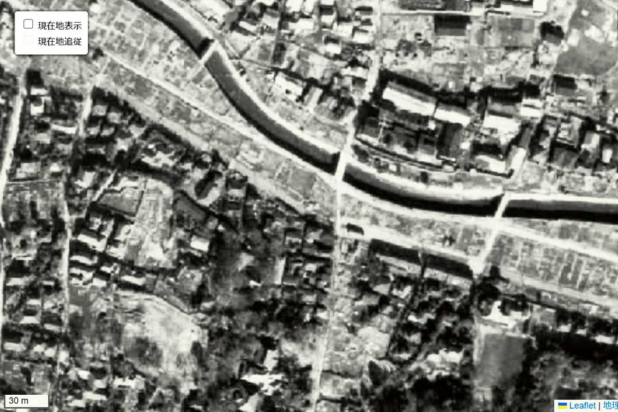 1947年頃の「面影橋」周辺の航空写真（画像：国土地理院）