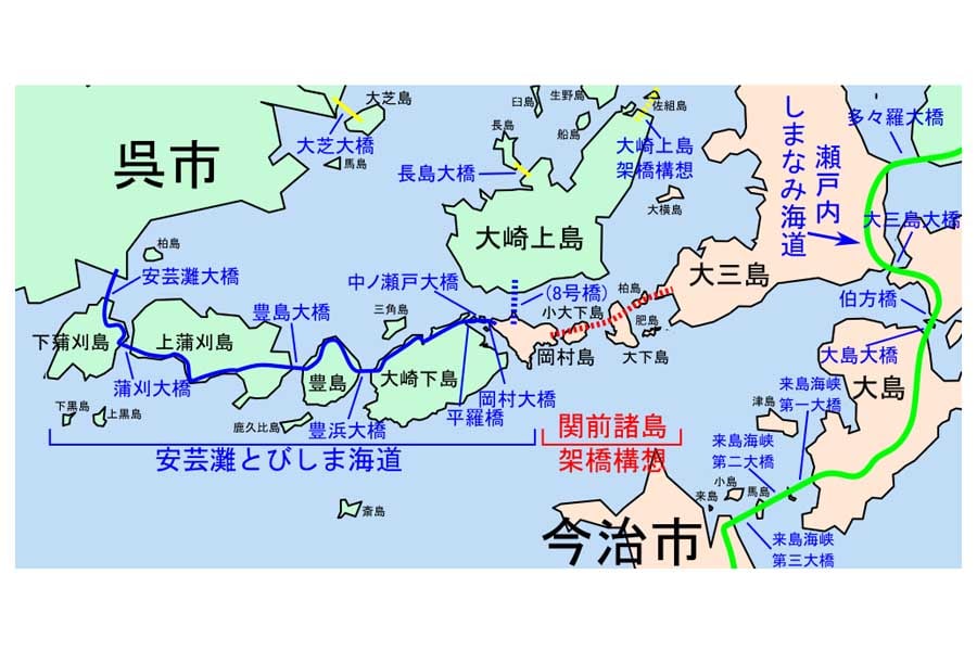 安芸灘諸島連絡架橋。緑地が広島県、ピンク地が愛媛県（画像：代替）