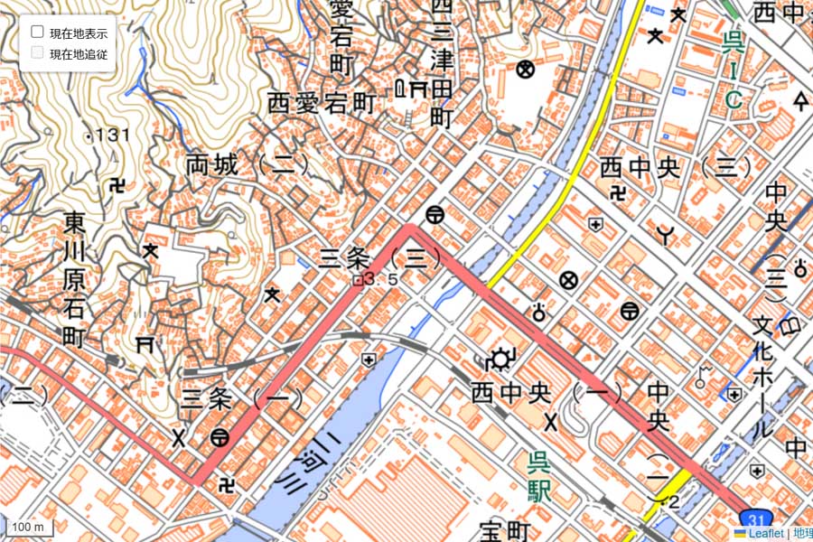 現在の「呉駅」周辺の地図（画像：OpenStreetMap）