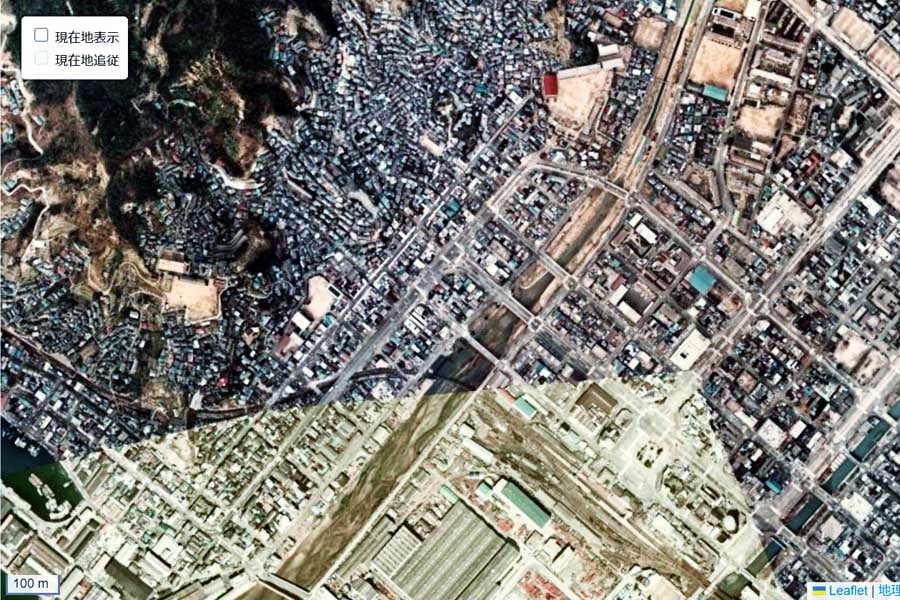 1975年頃の「呉駅」周辺の航空写真（画像：国土地理院）