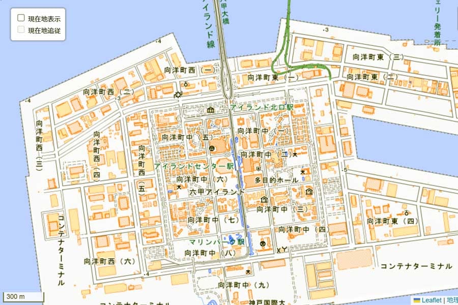 現在の「六甲アイランド」周辺の地図（画像：国土地理院）
