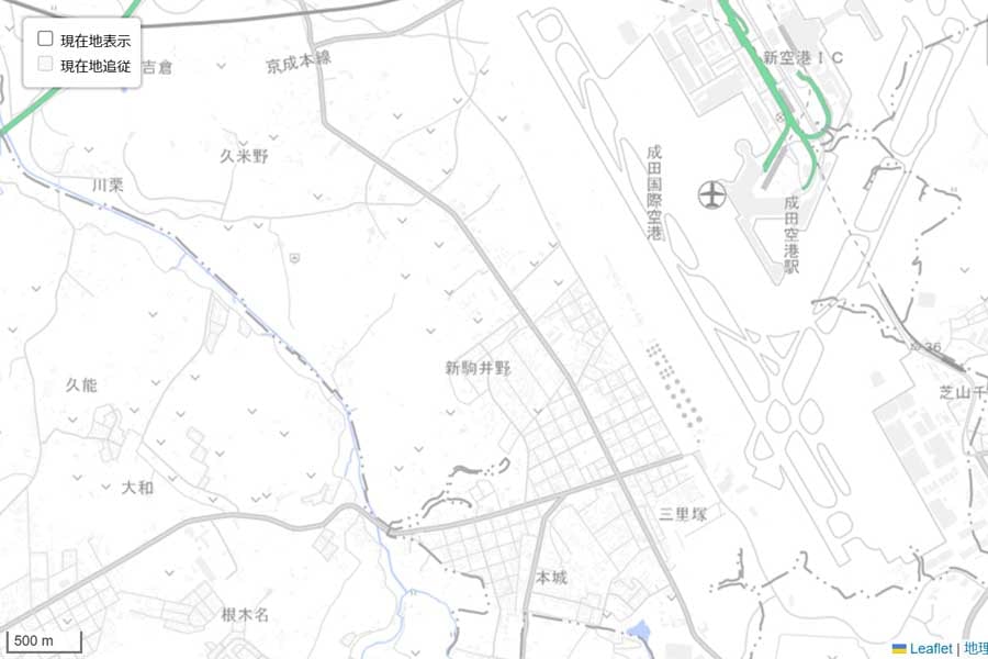 現在の「成田空港」周辺の地図（画像：国土地理院）