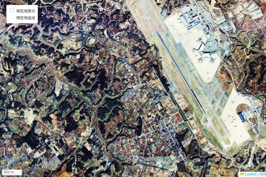 1980年頃に撮影された「成田空港」周辺の航空写真（画像：国土地理院）