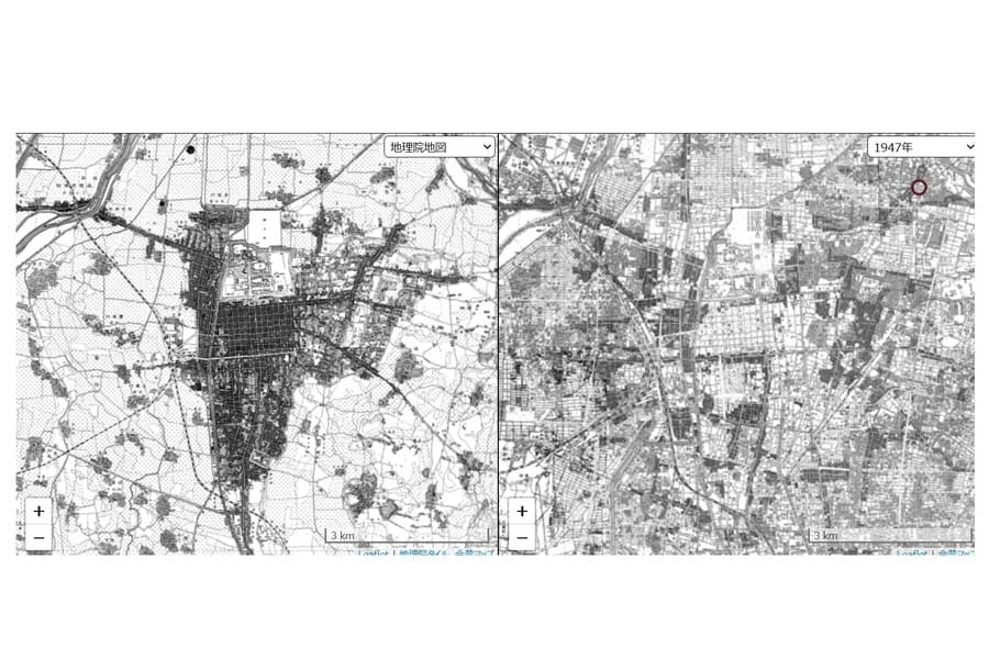 1893(明治26)年の名古屋(左)と、戦災後の1949(昭和24)年の名古屋(画像:国土地理院、時系列地形図閲覧ソフト「今昔マップ」〔(C)谷謙二〕)