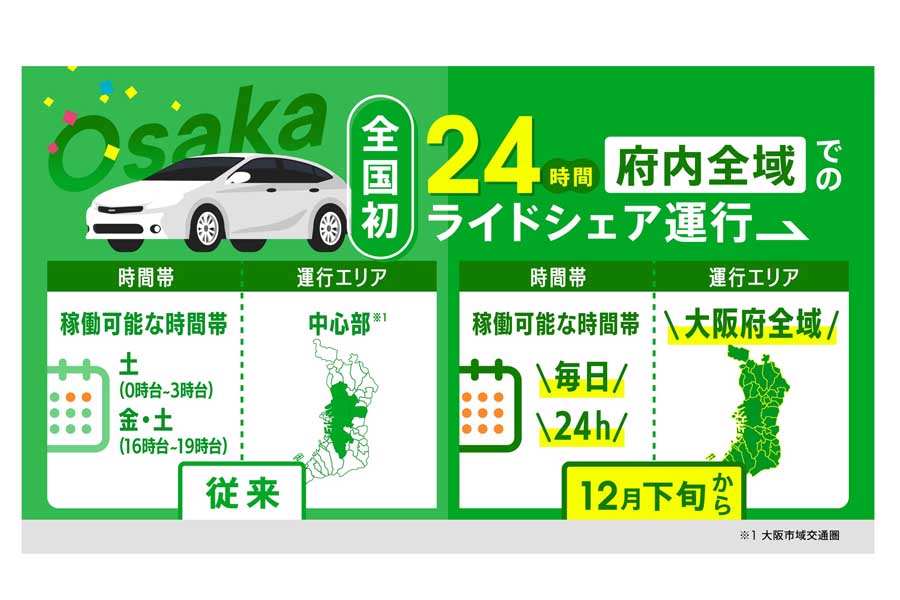 期間限定で24時間ライドシェアが始まる大阪府（画像：newmo）