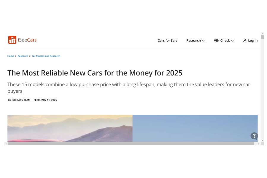調査リポート「The Most Reliable New Cars for the Money for 2025（2025年の最も信頼性の高いコストパフォーマンスの新車）」（画像：iSeeCars）
