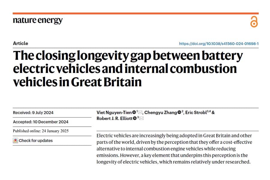 『The closing longevity gap between battery electric vehicles and internal combustion vehicles in Great Britain(英国におけるバッテリー式電気自動車と内燃式自動車の寿命格差の縮小)』(画像:Nature Energy)